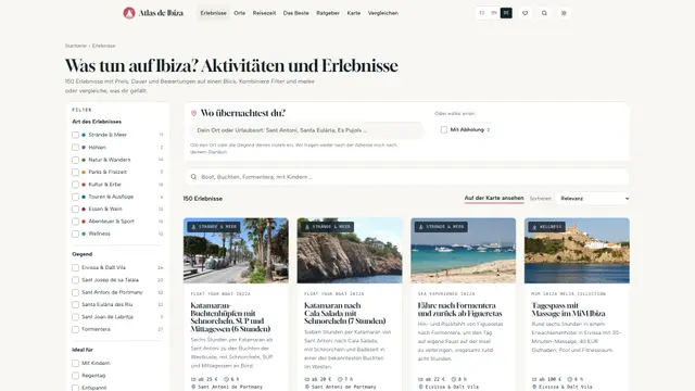 Erlebnisverzeichnis mit Filtern nach Art und Gebiet und Karten mit Preis, Dauer und Bewertung