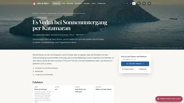 Eintrag einer Katamaranfahrt zum Sonnenuntergang am Es Vedrà, mit Preis, Dauer und Gebiet