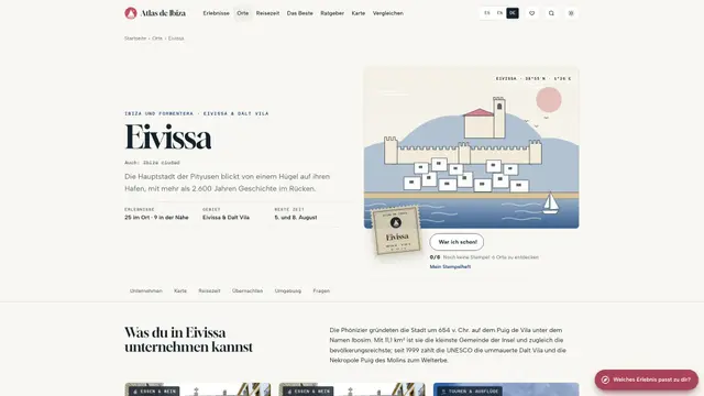 Seite von Eivissa mit der Illustration von Dalt Vila, dem Stempel und den ersten Empfehlungen