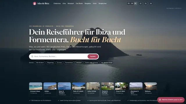 Startseite von Atlas de Ibiza am Computer, mit Es Vedrà, der Suche und den Erlebnisarten