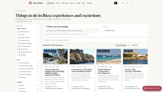 Experience directory with filters by type of activity and area, and cards showing price, duration and rating