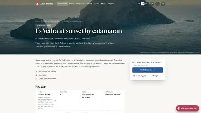 Listing for a sunset catamaran trip to Es Vedrà, with its price, duration and area