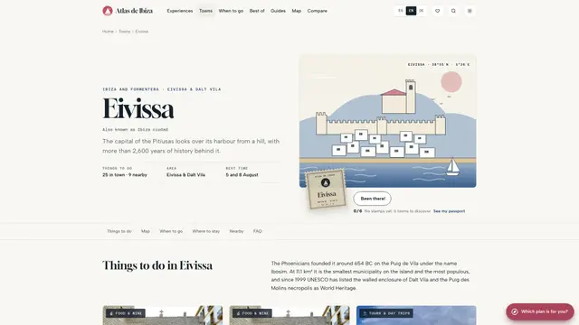 Eivissa page with its Dalt Vila illustration, the stamp and the first recommendations