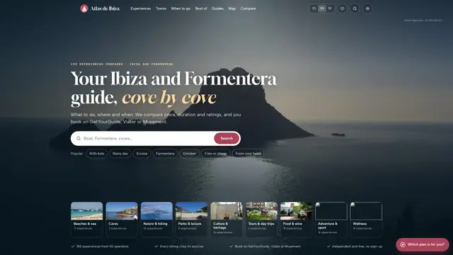 Atlas de Ibiza home page on a computer, with Es Vedrà, the search box and the types of activity