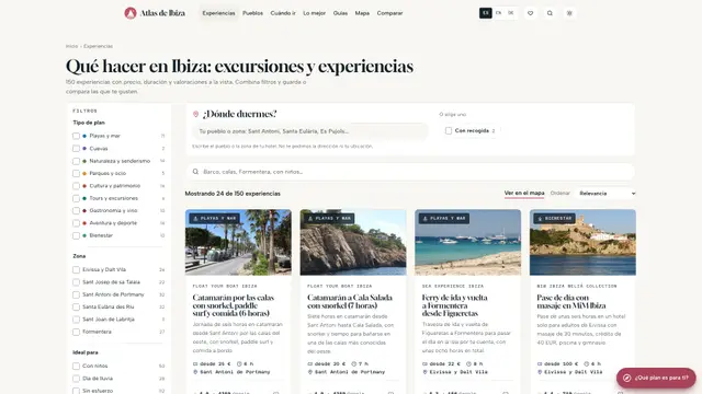 Directorio de experiencias con filtros por tipo de plan y zona, y tarjetas con precio, duración y valoración