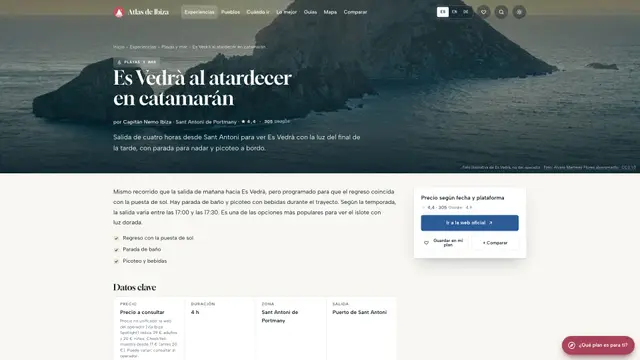 Ficha de una salida en catamarán al atardecer hacia Es Vedrà, con su precio, duración y zona