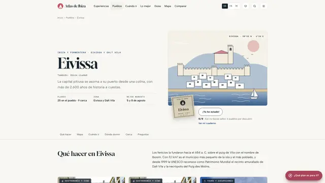 Página de Eivissa con su ilustración de Dalt Vila, el sello y las primeras recomendaciones