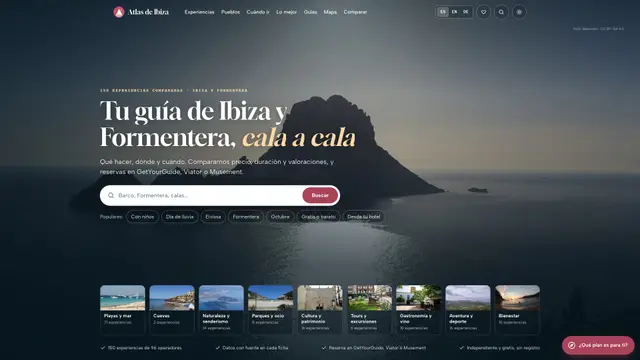 Portada de Atlas de Ibiza en el ordenador, con Es Vedrà, el buscador y los tipos de plan